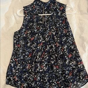 White House Black Market Floral Sleeveless Blouse - Navy and Red